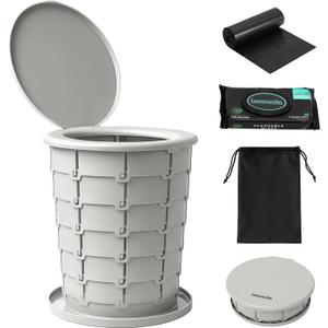 SereneLife Portable Camping Toilet  Foldable Travel Potty with Adjustable Height, Up to 350 lbs Capacity, Lid, Non-Slip Base, Carry Bag + Flushable Wipes, for Outdoor, Hiking & Car Use (Standard, Gray)
