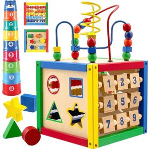 Play22 Wooden Activity Cube for Baby - 6 in-1 Baby Activity Play Cube with Bead Maze, Shape Sorter, Abacus Counting Beads, Counting Numbers, Sliding Shapes, Removable Bead Maze, 8Pcs Stacking Cups