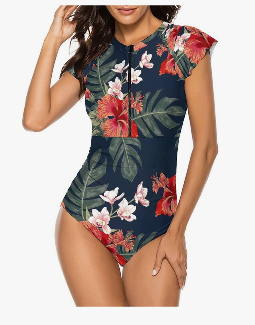 Wolddress Women Modest One Piece Bathing Suit Short Sleeve Tummy Control Swimsuit Zipper Surfing Athletic Rash Guard, Size Small
