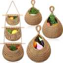 Windyun 4 Pcs Hanging Fruit Basket Teardrop Baskets Handmade Woven Cotton Rope 3 Tier over the Door Organizer Hanging Boho Wall Decor for Storage Kitchen(Brown)