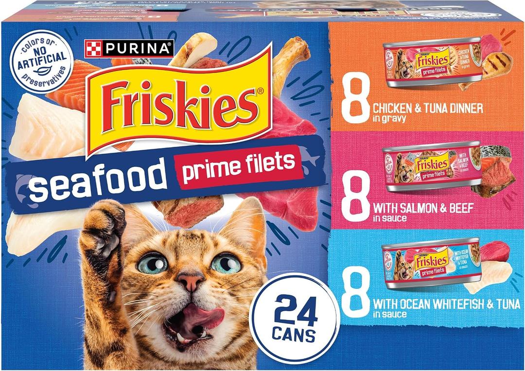 Purina Friskies Gravy Wet Cat Food Variety Pack Seafood Prime Filets Favorites - (Pack of 24) 5.5 oz. Cans (EXP 05/31/28)