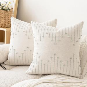 LILEPOY Boho Throw Pillow Covers 18x18 Set of 2 Neutral Textured Decorative Cushion Case Farmhouse Pillowcase Modern Square Pillow Covers for Sofa,Couch, Living Room,Beige and Green