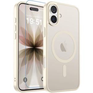 Magnetic for iPhone 17 Case, [Compatible with MagSafe] [with 1 Tempered Glass Screen Protector] Translucent Matte Shockproof Anti-Scratch Phone Cover, Antique White