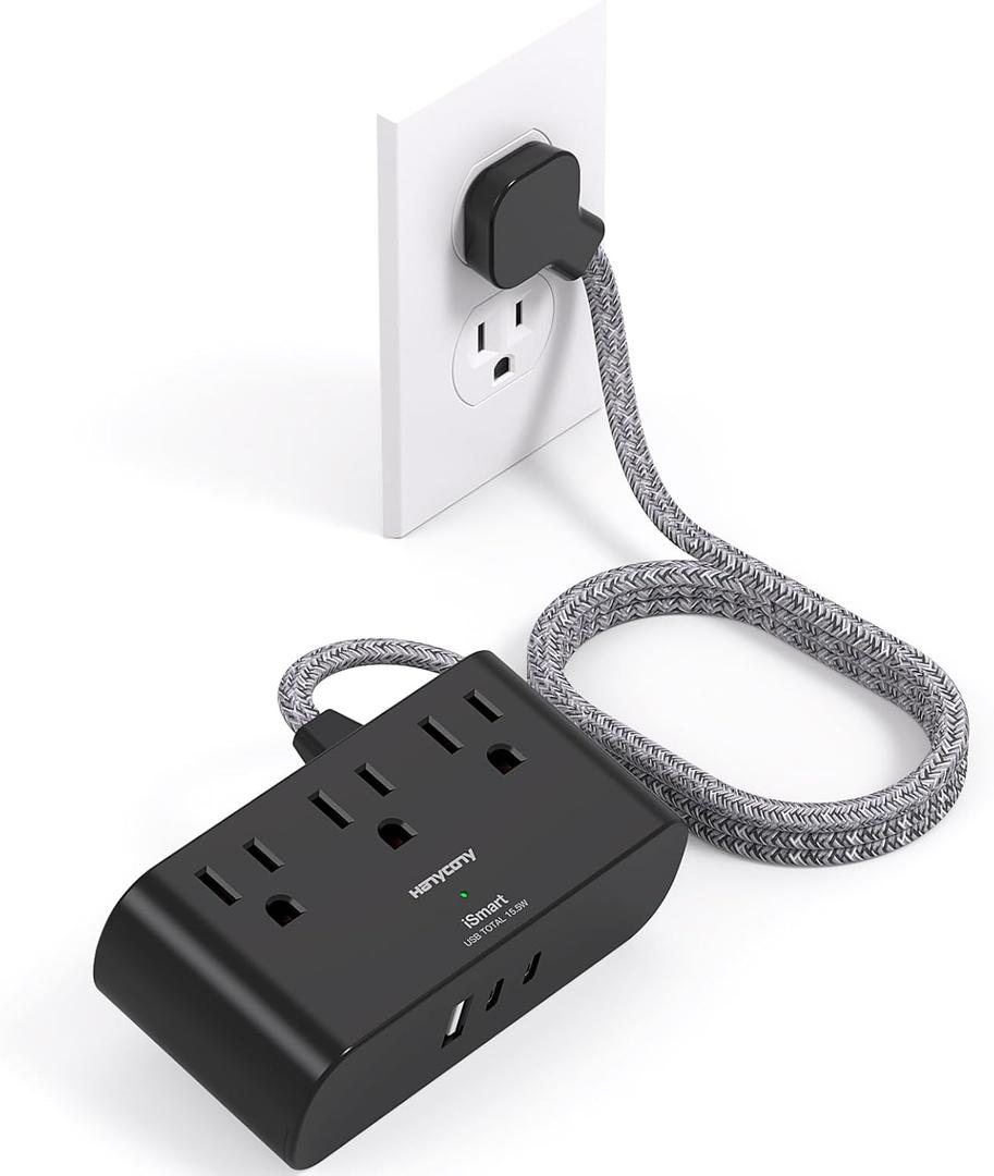 Black Flat Plug Power Strip, HANYCONY 6 Ft Ultra Thin Flat Extension Cord, 3 Outlets 3 USB Ports(2 USB C) Multi Plug Outlet Extender with No Surge Protector for Cruise Ship Travel Dorm Room Essentials