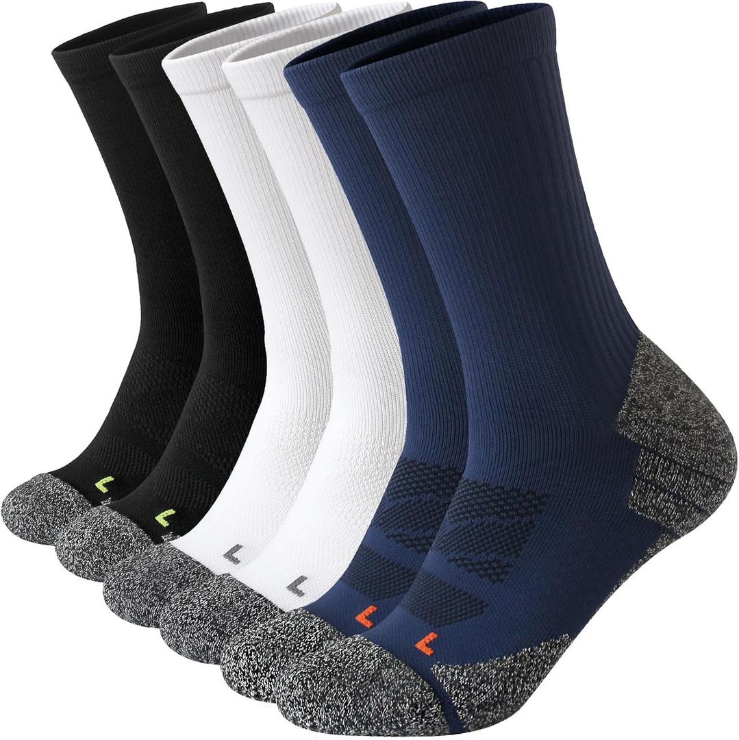 Wildarms Athletic Running Socks Cushion Padded Moisture Wicking Crew (10-13, Black+ Gray+ Dark Blue)