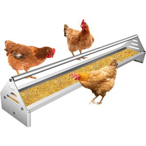 RYFT Chicken Feeding Trough 45", Heavy Duty Galvanized Steel Chicken Feeder with Crossbar, Holds 12 Chickens with Drainage Holes, Large Capacity Poultry Feeder Trough for Duck Geese Turkey Pigeon (Silver)