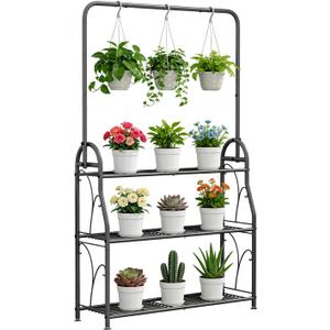 SORCEDAS Plant Stand Indoor Outdoor 3 Tier Tall Corner Hanging Plant Shelf Metal Flower Stands Ladder Plant Holder for Living Room Balcony Garden Patio Multiple Plants, Dark Grey