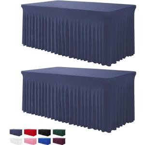 BDDC Table Skirts for Rectangle Tables 6ft - 2 Pack One-Piece Navy Blue Tablecloths and Skirt, Wrinkle Resistant Ruffles Elastic Cover for Banquets, Weddings, Events, Parties