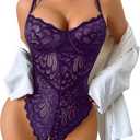 Avidlove Teddy Lingeries for Women Floral Lace Bodysuit Hollow Out One Piece Mini Babydoll Nightgown (Purple, XX-Large)