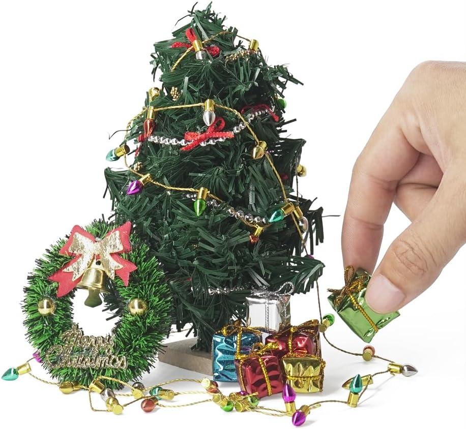 Odoria Dollhouse Christmas Tree Miniature: 6 inch Tall 1/12 Scale Festive Ornaments Diorama Elf Fairy Figure - Mini Xmas Wreath Gift Box Light String Model - Tiny Holiday Party Props DIY Craft