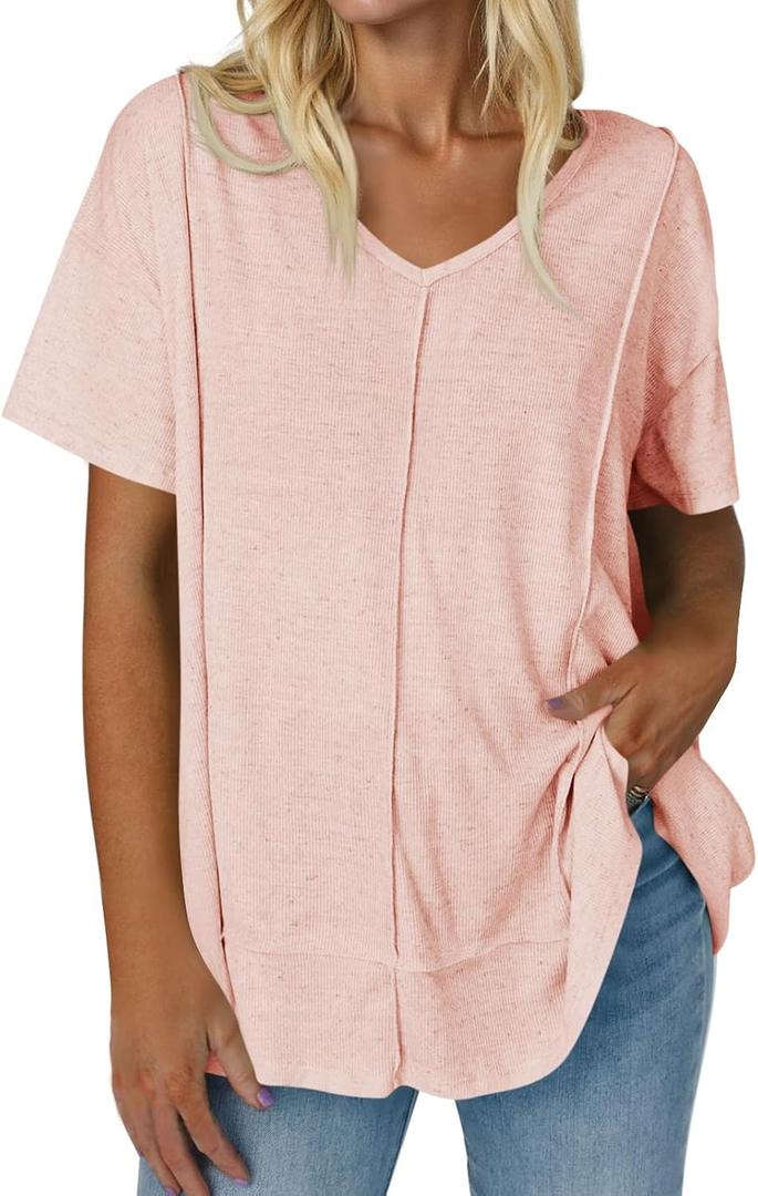 Tankaneo Womens Oversized Tshirts Knit V Neck Short Sleeve Tunic Tops Summer Casual Loose Fit Tee Shirts
