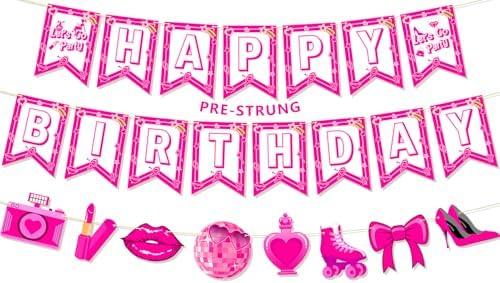 Ufocusmi Pre-Strung Pink Birthday Decorations, NO DIY Happy Birthday Banner Let’s Go Party Hot Pink Themed Party Supplies for Girls