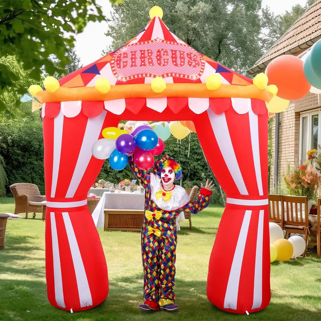 10ft Circus Party Decorations Inflatable Arch Blow up Tent Built in LED Lights Red and White Striped Archway for Circus Carnival Theme Birthday Party Decoration Outdoor Yard Garden Halloween Decor