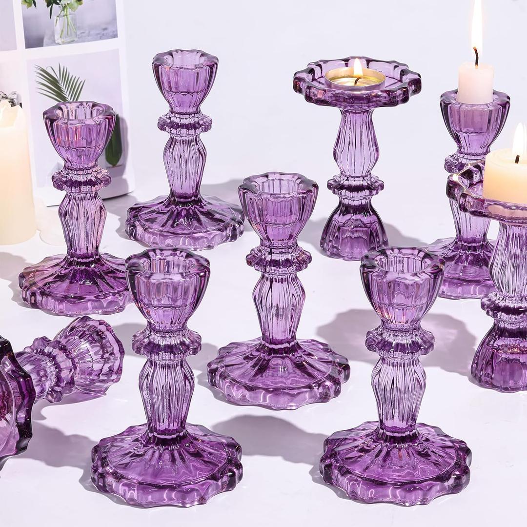 12pcs Taper Candle Holders, Candlestick Holders, Glass Candle Holder - Vintage Flower Design Candle Holders for Wedding, Birthday, Halloween & Home Decoration (Purple)