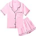 QPANCY Kids Satin Pajamas Sets Baby Boy Girl Button-Down Silk Sleepwear 2 Piece Short Sleeve Loungewear Clothes Set (10-11 Years, Pink)