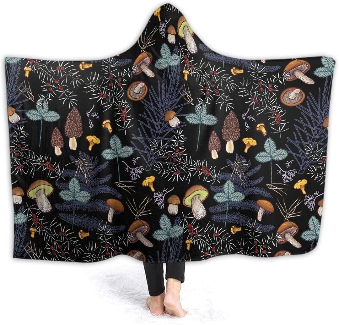 Mushroom Hooded Blanket Mushrooms Gifts for Women Soft Fleece Flannel Dark Wild Forest Mushrooms Throw Wearable Blanket All Season Plant Blankets for Bed Decorative 50"x40" for Kid