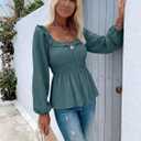 Womens Puff Long Sleeve Babydoll Tops Square Neck Ruffle Peplum Blouse Smocked Loose Fit Tunic Top Dressy Tee Shirts (Medium, Green)