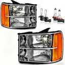 Headlights for 2007-2013 GMC Sierra 1500/2007-2014 Sierra 2500 HD 3500 HD Headlamp Replacement, High/Low Beam W/Bulbs, Driver & Passenger Side