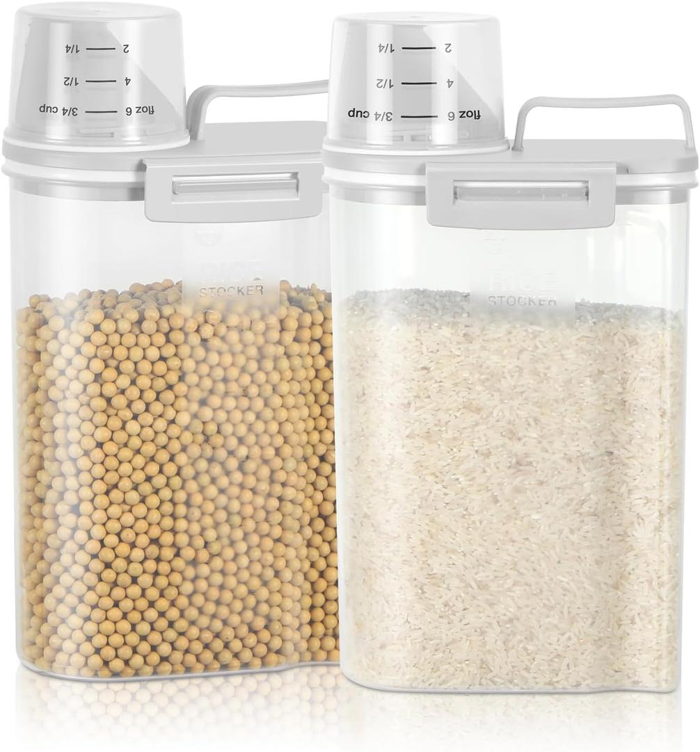 TBMax Rice Storage Container 2 Pack, Plastic Kitchen Pantry Food Storage Container with Cup, Small Pet Dog Cat Food Container Dispenser