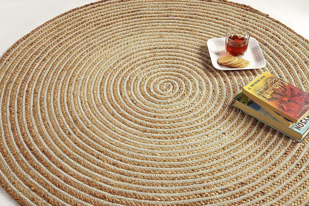 GRUHUM Handwoven 6ft Jute Area Rug Natural Fiber Cotton Round Boho Farmhouse Rustic Vintage Soft Braided Reversible EcoFriendly Rugs-Indoor EcoFriendly Kitchen Bedroom Living Room Hallways 6'ft Round