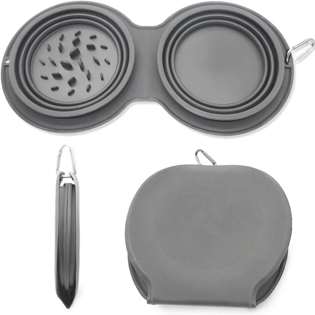 IFOYO Collapsible Dog Bowls, 2 in 1 Upgrade Foldable Expandable Travel Pet Food Feeding Dog/Cat Bowl with No Spill Non-Skid Silicone Mat and Carabiner Clip for Traveling, Hiking, Camping, Gray (Grey)