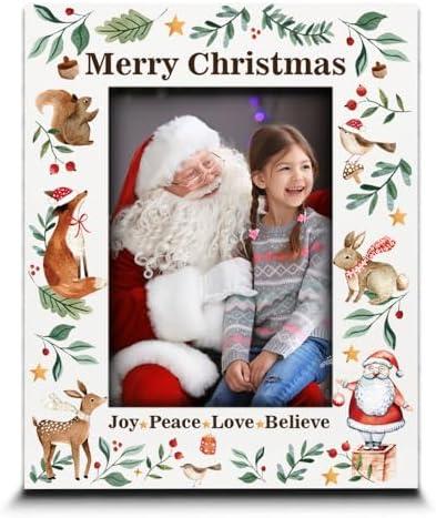 BELLA BUSTA- Merry Christmas Theme Picture Frame- Joy, Peace, Love, Believe- Woodland Animal Christmas Theme-UV Print (5x7 VERTICAL)