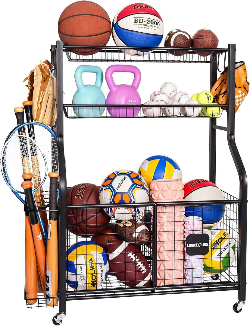 Sports Equipment Organizer with Wheels for Garage Ball Storage | Heavy-duty metal sports organizer with rolling wheels for ball and equipment storage in garages, homes, schools and gyms.