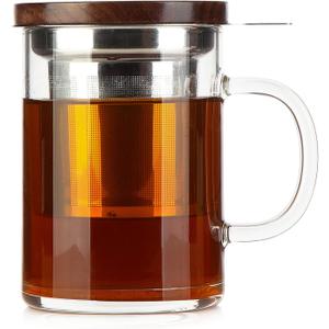 COMI Tea Cup with Infuser Walnut Lid&Handle, Glass Tea Cups with Wide Mouth Extra Large Capacity, Stainless Steel Tea Infuser Mug for Loose Leaf Tea Steeping(14oz/400ml)