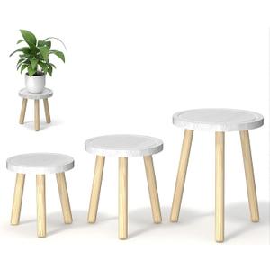 3-Pack Wood Plant Stands Indoor, Single Plant Stand for 6-12 Inch Pots, Mid-Century Modern Plant Stool, Tall Plant Stand for Large Plants for Living Room, Balcony, Office (White) (White Tray with Wood Color Legs)