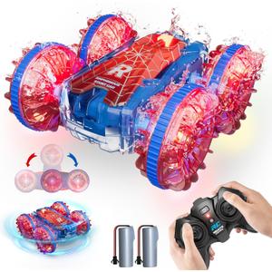 Waterproof RC Cars for Kids with LED Lights, Remote Control Car for Boys Age 4-7 8-12 4-8, Amphibious 4WD Stunt Car Swimming Pool Outdoor Water Toy with 70/36Mins Play,360Rotation,180 Flip,2.4GHz (Multicolor)