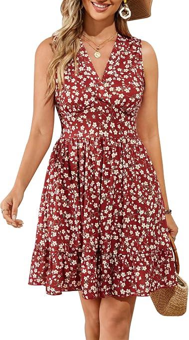 Womens Summer Wrap V Neck Sundress Sleeveless A Line Tank Dress with Pockets, Red, L
