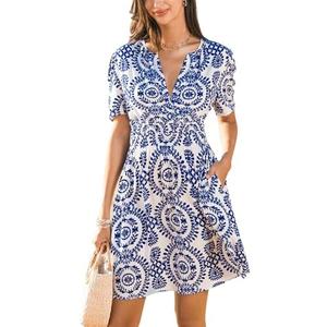 CUPSHE Womens Summer Dresses 2025 V Neck Short Sleeve Flowy A-line Beach Vacation Dress with Pockets L 