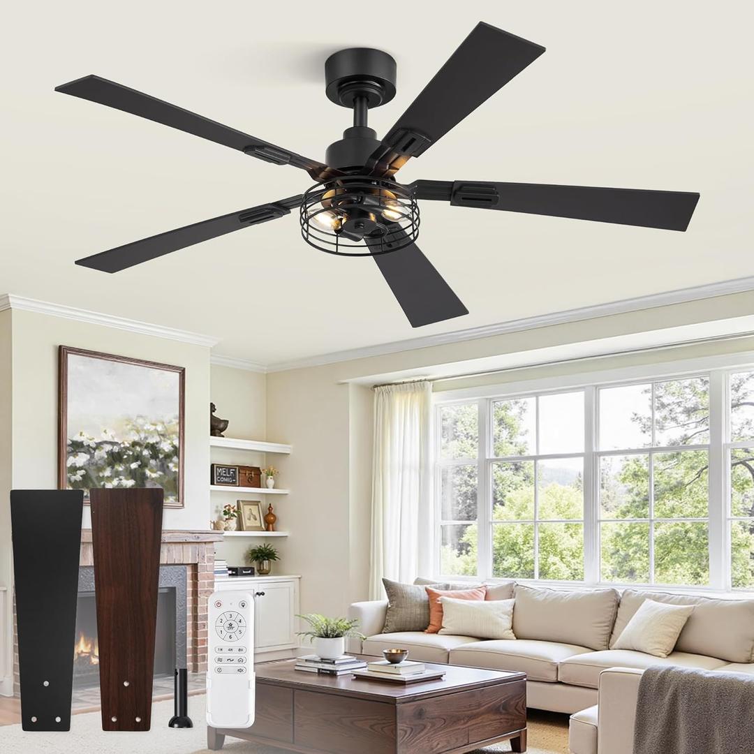 1 Pack Farmhouse 48 Inch Ceiling Fans with Lights, Black Industrial Caged Ceiling Fans for Bedroom Living Room, Double-Sided 5 Blades Rustic Ceiling Fan-Black