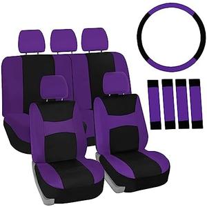 FH Group Full Set Car Seat Covers Cloth, Universal Fit combo, Set with Steering Wheel Cover and Seat Belt Pad fits Most Cars, SUVs, Trucks Purple