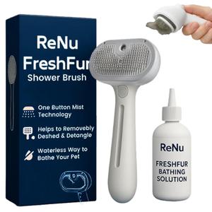 Renu Dog Brush, Renu FreshFur Dog Shower Brush + Bathing Solution, 3 in 1 Self Cleaning Steamy Pet Brushes, Dog Grooming Tool for Long & Short Hair, Removes Loose Hair Reduces Shedding (White)
