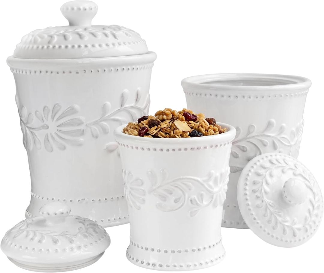 American Atelier Kitchen Ceramic Canister Set w/Lids Bianca Leaf, White 3PC
Engraved Storage Jars Featuring Rubber Sealed Lid for Sugar Pasta Coffee Flour Cookies and Pantry Organization for Countertop