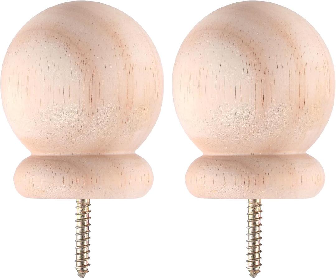 2 Pack 3" Round Wood Ball Curtain Rod Finial with Screw Newel Post Cap Wooden Finials Decorative for Bed Post DIY Crafts