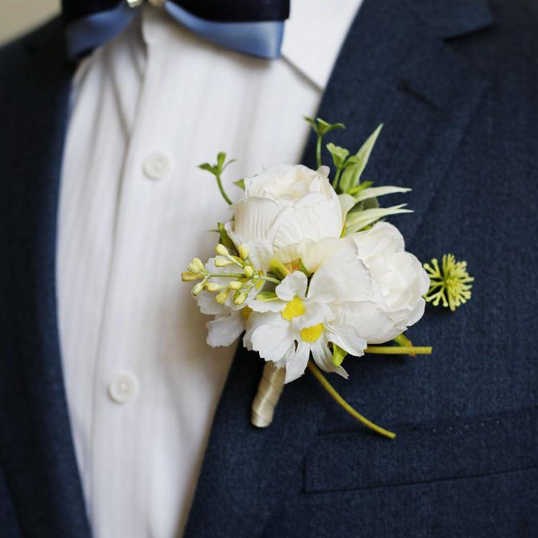 Latious Wedding Rose Boutonniere Groom Flower Buttonholes Prom Suit Decoration for Men (White)