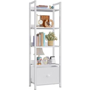 Furologee 5 Tier Bookshelf with Drawer, Tall Narrow Bookcase with Shelves, Wood and Metal Book Shelf Storage Organizer, Modern Display Standing Shelf Unit for Bedroom, Living Room, Office, White