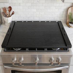 Noodle Board Stove Cover, Wooden Stovetop Cover with Non-Slip Feet, Handle & Raised Lip, Extra Counter Space for Kitchen (29.5 x 22 Black)