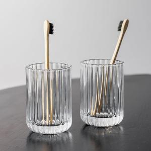 2 Piece Simple Transparent Vertical-Striped Bathroom Glass Toothbrush Cup Set