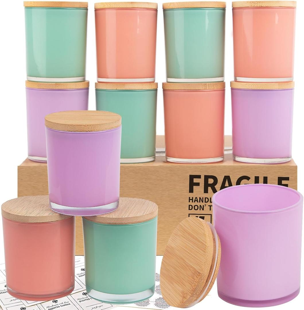 CONNOO 12 Pack 10 OZ Colorful Glass Candle Jars for Making Candles with Airtight Bamboo Lids Nice Sticky Warning Labels for Candle Making Empty Container Bulk - Dishwasher Safe