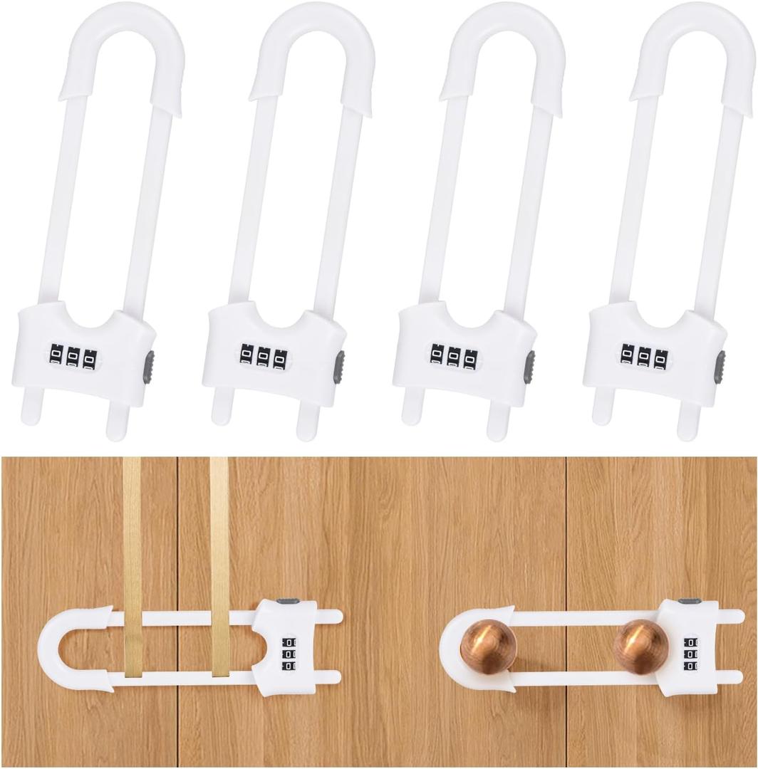 4 Pack U-Shaped Sliding Cabinet Locks Multifunctional Child Safety Lock Adjustable Baby Proof Clips for Home Cabinets Refrigerator Doors Cabinet Knobs and Window Handles (White)