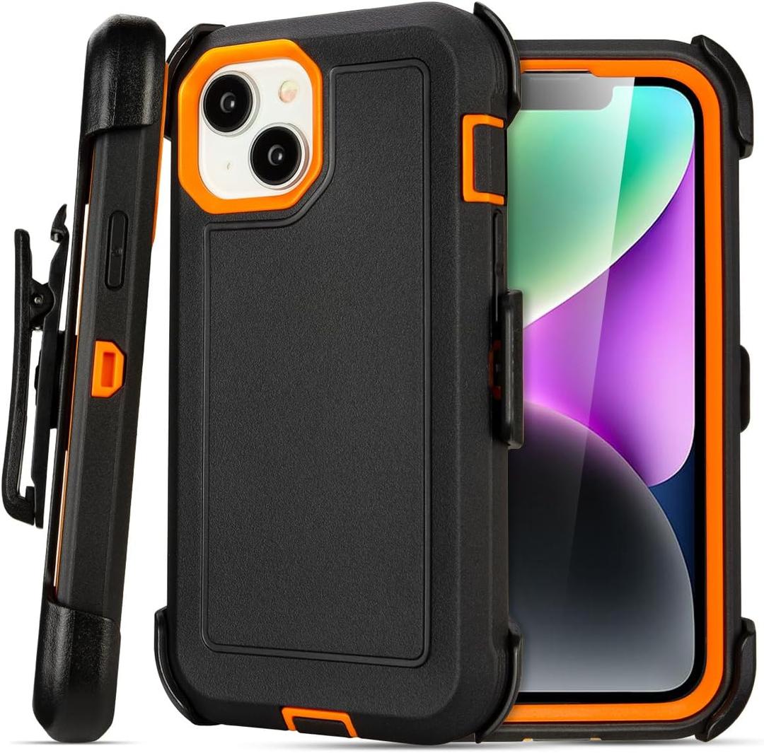 for iPhone 14 Case with Clip Belt Holster, Heavy Duty Military Grade Drop Protective Case for iPhone 14 6.1 case (Black+Orange)