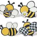 WATINC Bee Tiered Tray Decor - 4PCS Summer Wooden Table Centerpiece Sign, Double-sided Bees Printed Wood Tabletop Signs, Rustic Farmhouse Table Decoration for Holiday Home Honey Party Supplies