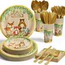 Woodland Baby Shower Decorations Supplies - 175PCS Forest Animal Disposable Dinnerware Set (25 Guest) With Gold Paper Plates Cups Napkins Plastic Fork Knives Spoon for Baby Boy Birthday Party