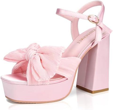 KHPAERMEI Bow Knot Platform Heels for Women Fashion Open Toe Chunky Heeled Sandals Ankle Strap Wedding Party Dress High Heels (Size: 8)