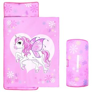 Unicorns Nap Mats for Preschool with Removable Pillow and Blanket Kids Sleeping Bag with Pillow Reinforced Stitching Machine-Washable, Soft Nap Mats for Daycare, Travel, Camping 53"x21" (Pink)
