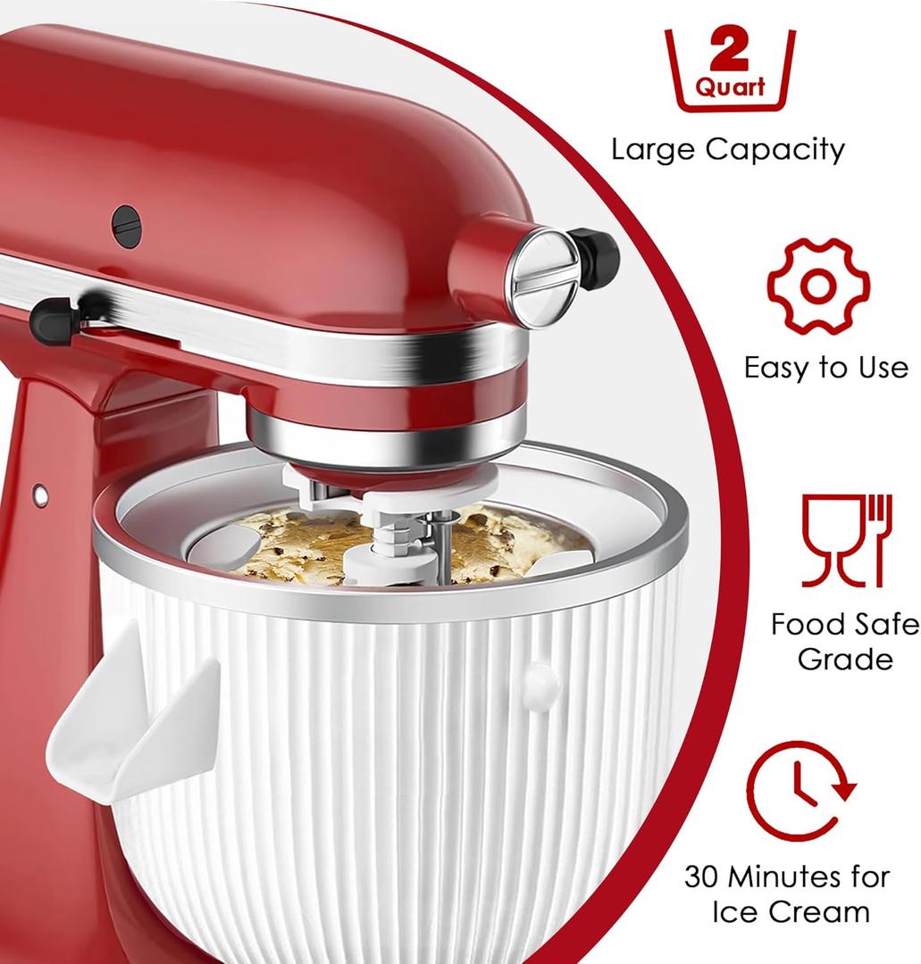 Ice Cream Maker Attachment for KitchenAid Mixers, Fits KitchenAid 4.5/5QT & 6QT Stand Mixers, Frozen Ice Cream & Sorbet Gelato Maker for KitchenAid, 2 Quart, White (Machine/Mixer Not Included)