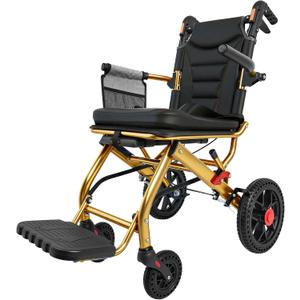 Ultra Lightweight Folding Transport Wheelchair for Seniors & Adults, Gold | Portable Chair, 12" PU Rear Wheels, Supports 300lbs, Compact for Daily Use & Travel